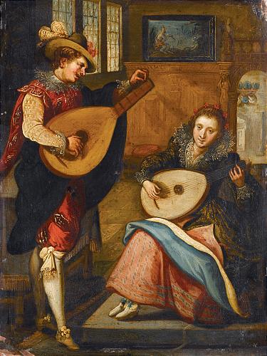 A Lady And A Gentleman Playing Lutes by Louis de Caullery